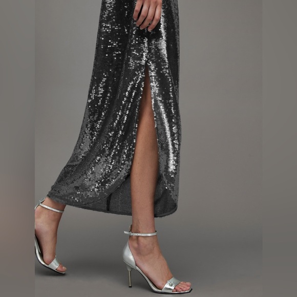 New All Saints Opal Sparkle Sequin Midi Skirt City Smoke Grey Small - Picture 6 of 12